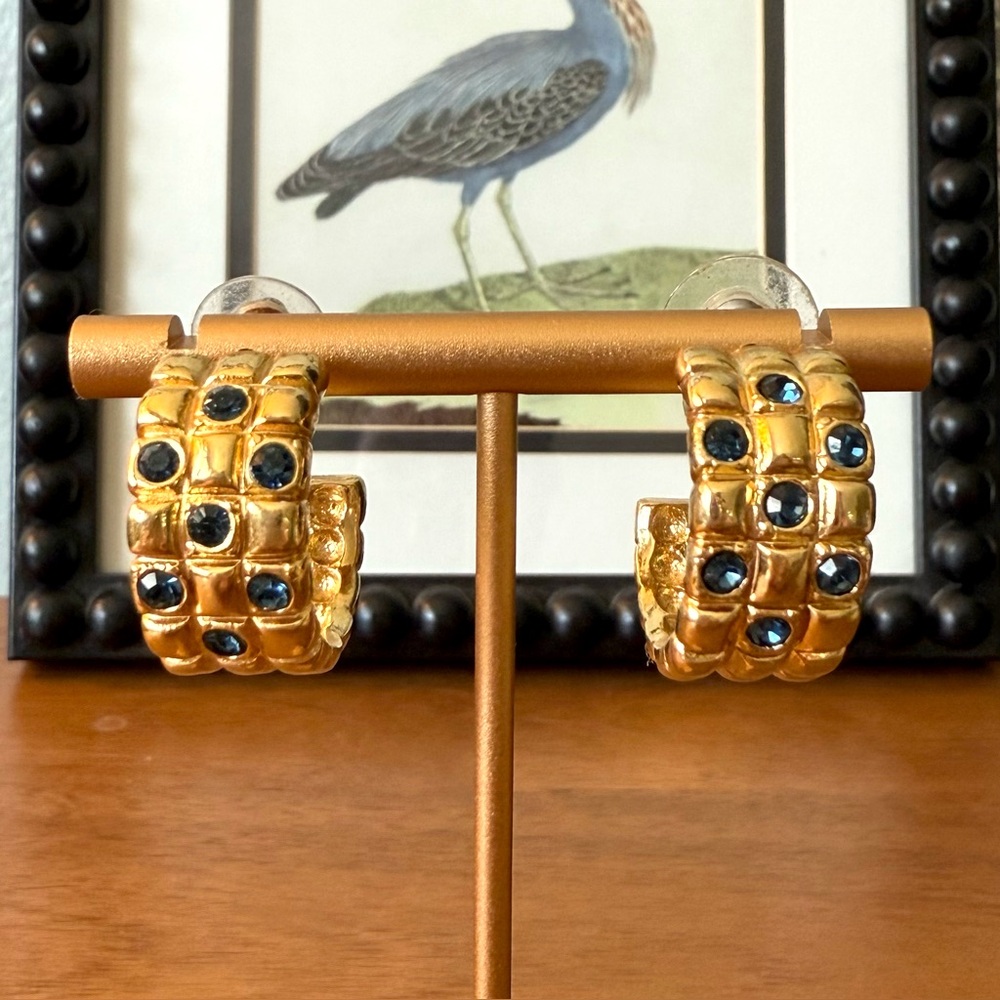 Vintage AVON 1980's Hoops GoldTone Pierced Earrings Sapphire Rhinestones Huggies